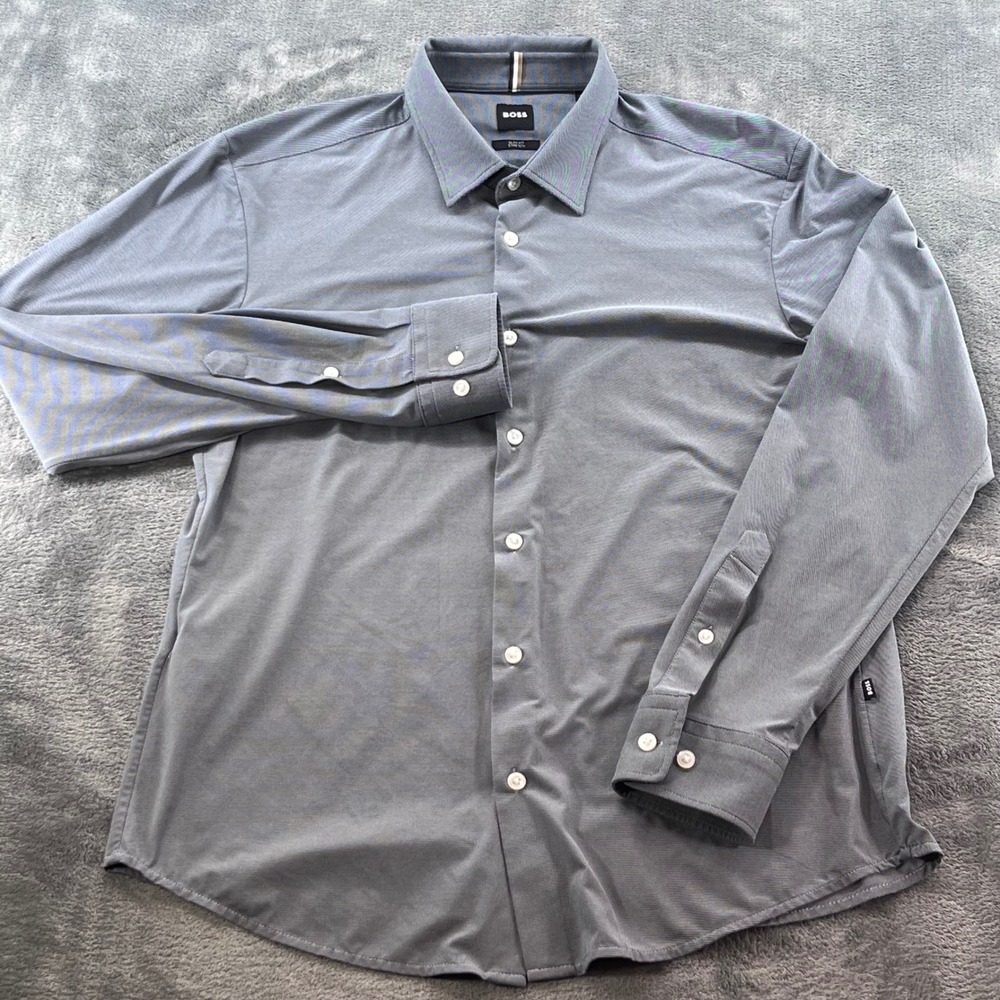 BOSS Hugo Boss Roan Slim Fit Stretch Shirt Grey Mens Large Long Sleeve Button Up